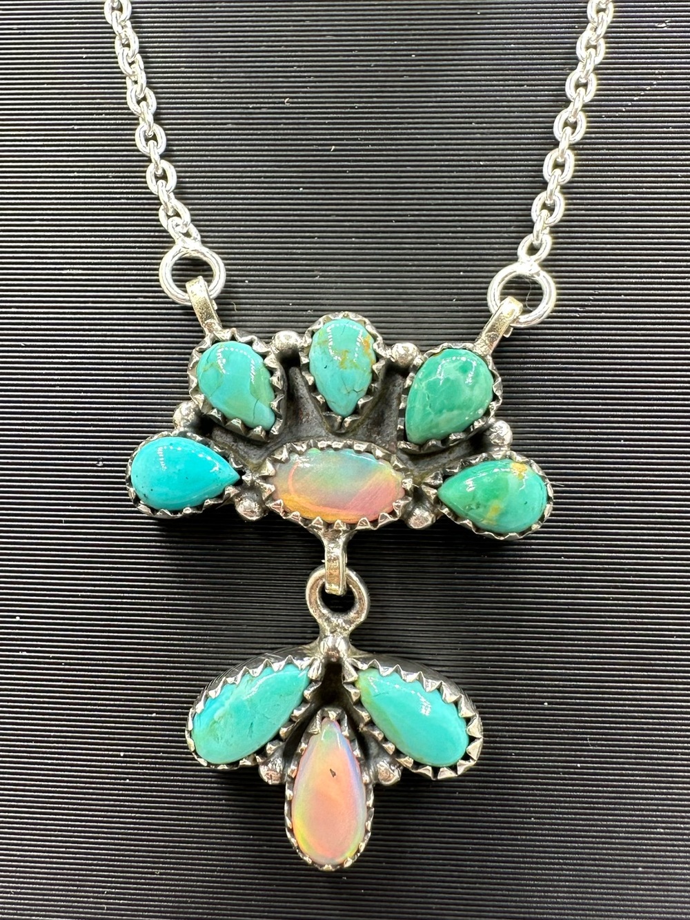 Opal & Turquoise Sterling Silver 925 Pendant Necklace Half Cluster Dangling